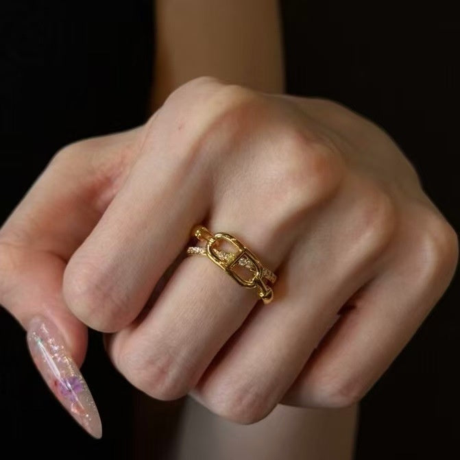 Zircon Letter Cross Double Layer Open Ring For Women