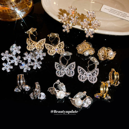 Sparkling Zircon Flower Butterfly Copper Clip-on Earrings For Women, Irregular Geometric OL Style