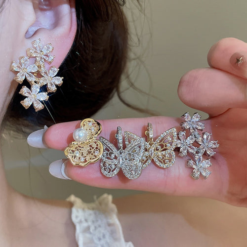 Sparkling Zircon Flower Butterfly Copper Clip-on Earrings For Women, Irregular Geometric OL Style