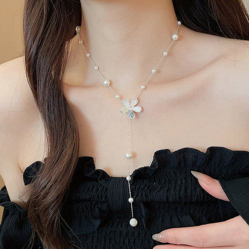Old Money Floral Faux Pearl Beaded Necklace Korean Sweet Geometric Flower Collarbone Choker