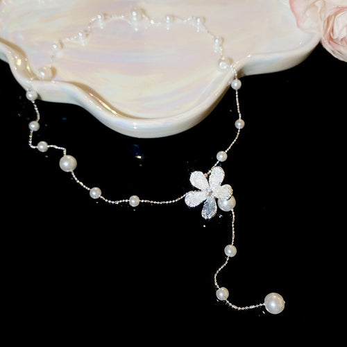 Old Money Floral Faux Pearl Beaded Necklace Korean Sweet Geometric Flower Collarbone Choker