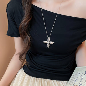 Korean Style Alloy Cross Pentagram Pendant Necklace, Old Money Light Luxury Geometric Collarbone Chain
