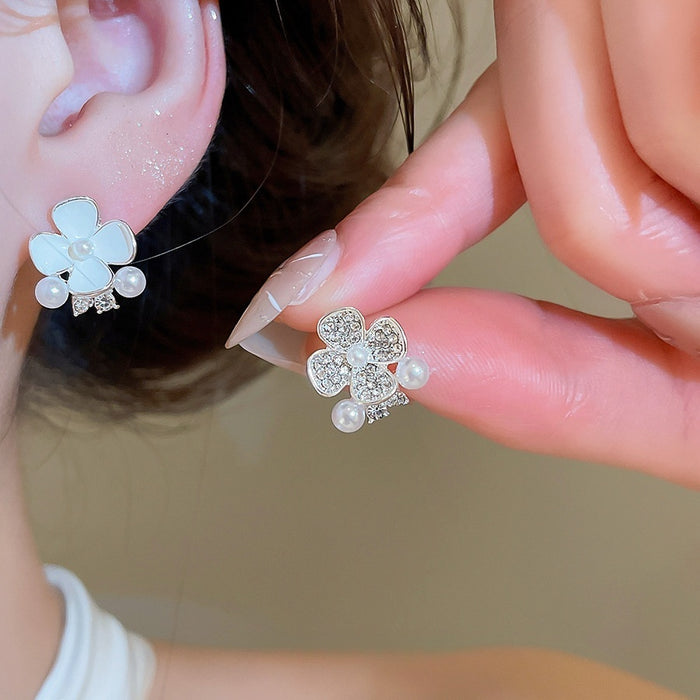 Alloy Rhinestone Enamel Flower Asymmetric Pearl Stud Earrings Cute Chic Design