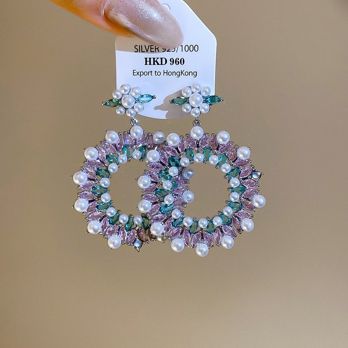 Light Luxury Court Style Round Faux Pearl Zircon Stud Earrings With Silver Pins