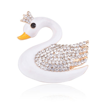 White Enamel Swan Brooch with Clear Crystal Wing and Crown