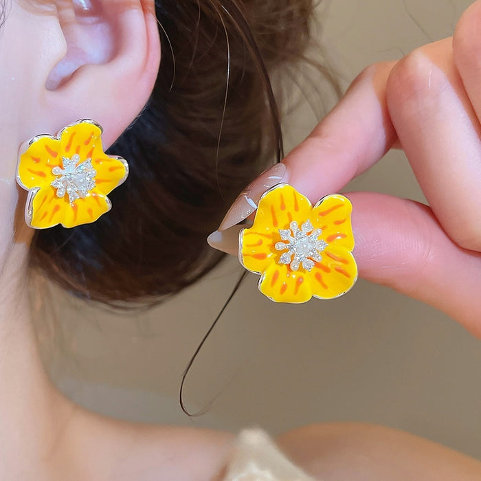 Alloy Floral Enamel Zircon Pearl Stud Earrings With Silver Posts, Fresh Pastoral Style