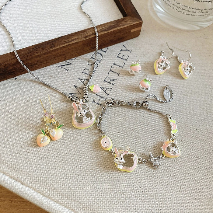 Fresh Summer Copper Enamel Zircon Strawberry Rabbit Jewelry Set With Bracelet Necklace Stud Earrings Ring