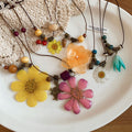 Pastoral Floral Preserved Flower Wood Bead Leather Cord Sweater Necklace view 4