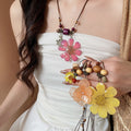 Pastoral Floral Preserved Flower Wood Bead Leather Cord Sweater Necklace view 1