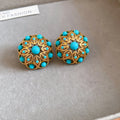 Vintage Copper Turquoise Flower Hollow Stud Earrings With Silver Pins For Women view 3