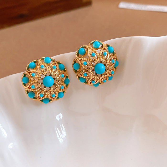Vintage Copper Turquoise Flower Hollow Stud Earrings With Silver Pins For Women