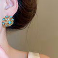 Vintage Copper Turquoise Flower Hollow Stud Earrings With Silver Pins For Women view 4