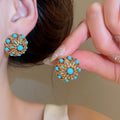 Vintage Copper Turquoise Flower Hollow Stud Earrings With Silver Pins For Women view 2