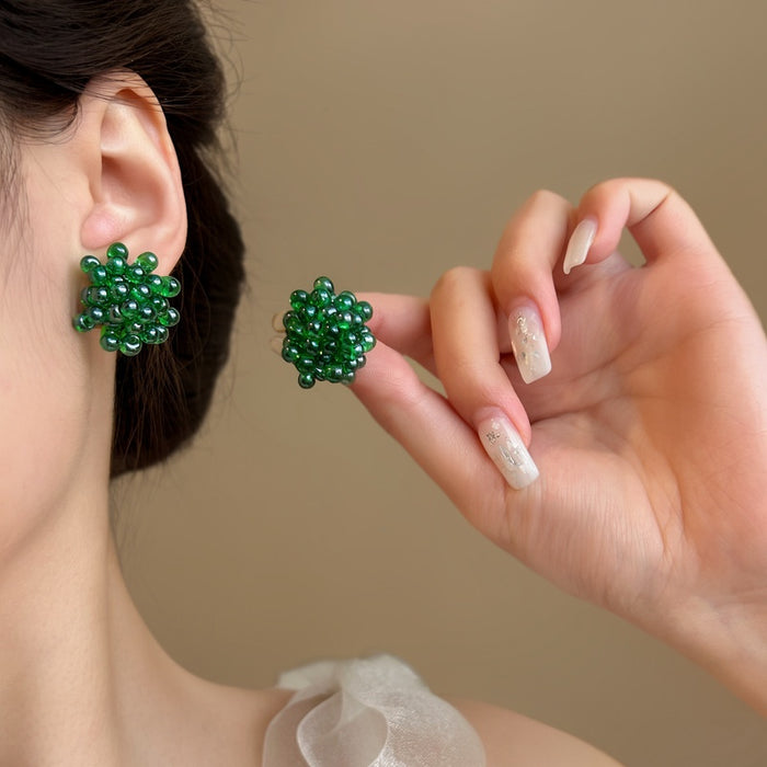 Dark Green Glass Grape Drop Floral Stud Earrings, New Chinese Exotic Style Jewelry