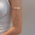 Gold Plated Wide Rhinestone Open Upper Arm Cuff With Single Chain Diamond Arm Bracelet view 1