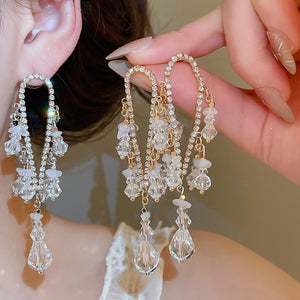 Ethnic Geometric Glass Crystal Tassel Drop Earrings With Silver Needle Sweet Fairy Style