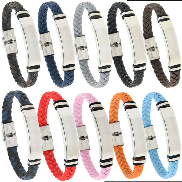 Men's Braided Leather Bracelet With Plain Stainless Steel Engravable Plate For Couple Jewelry