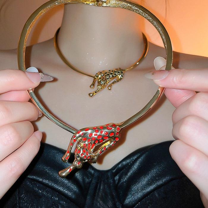 Old Money Alloy Enamel Cheetah Leopard Choker Necklace With Statement Animal Design