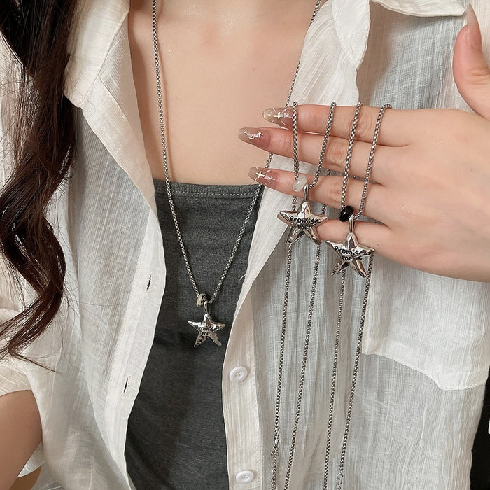 Korean Sweet Cool Alloy Star And Round Stone Pendant Collarbone Sweater Necklace