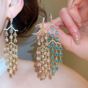 Vintage Palace Style Zircon Round Crystal Tassel Drop Earrings For Women