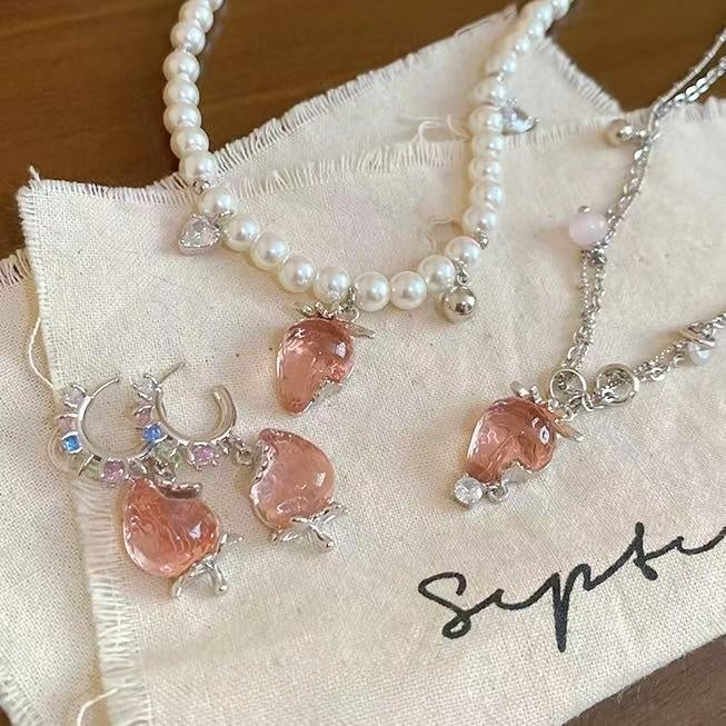 Light Luxury Zircon Strawberry Faux Pearl Necklace And Stud Earrings Jewelry Set