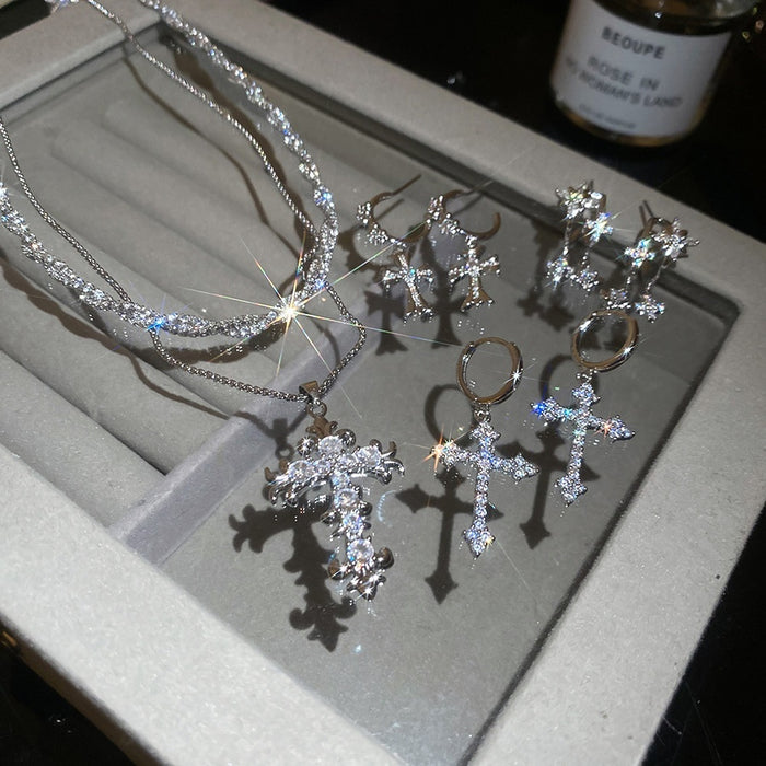 Light Luxury Copper Zircon Cross Pendant Necklace And Ear Cuff Jewelry Set