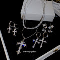 Light Luxury Copper Zircon Cross Pendant Necklace And Ear Cuff Jewelry Set view 3