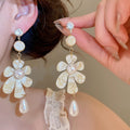 French Vintage Floral Faux Pearl Long Tassel Drop Earrings For Women view 1