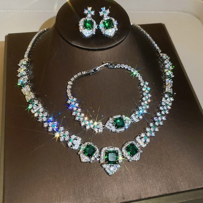 Light Luxury Copper Zircon Square Jewelry Set With Bracelet Necklace And Stud Earrings