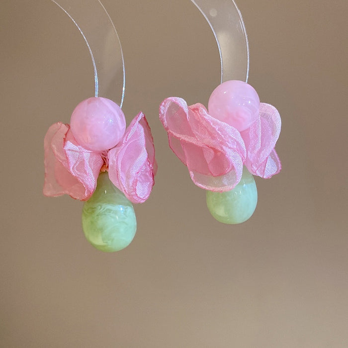 Chiffon Flower Resin Teardrop Drop Earrings With Silver Pins, Sweet Vacation Style Jewelry