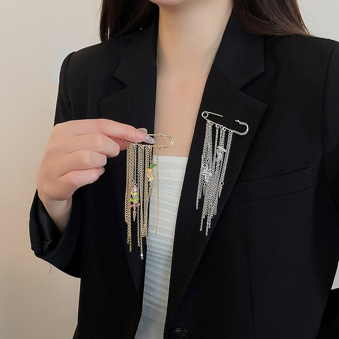 Light Luxury Iron Geometric Stone Chain Tassel Brooch For Elegant Clothing Accessories