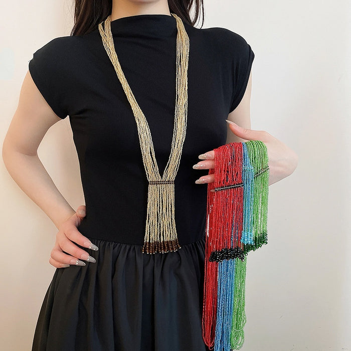 Multi Layer Glass Bead Tassel Geometric Ethnic Vintage Sweater Necklace