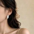 Alloy Feather Stud Earrings With Sparkling Rhinestones, Light Luxury Unique Women's Jewelry view 4
