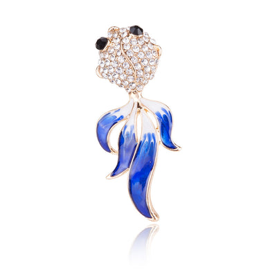 Main front view of Crystal Goldfish Brooch With Flowing Blue And Red Tails