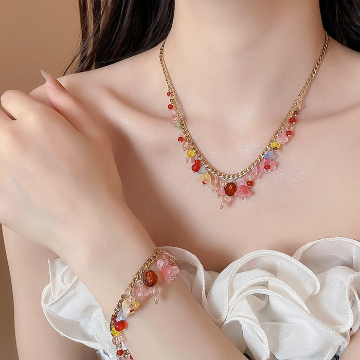 Summer Colorful Faux Crystal Beaded Flower Bracelet Necklace Jewelry Set For Women