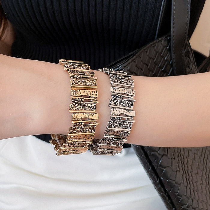 Vintage Ethnic Style Aged Metal Irregular Geometric Splice Bangle for Women
