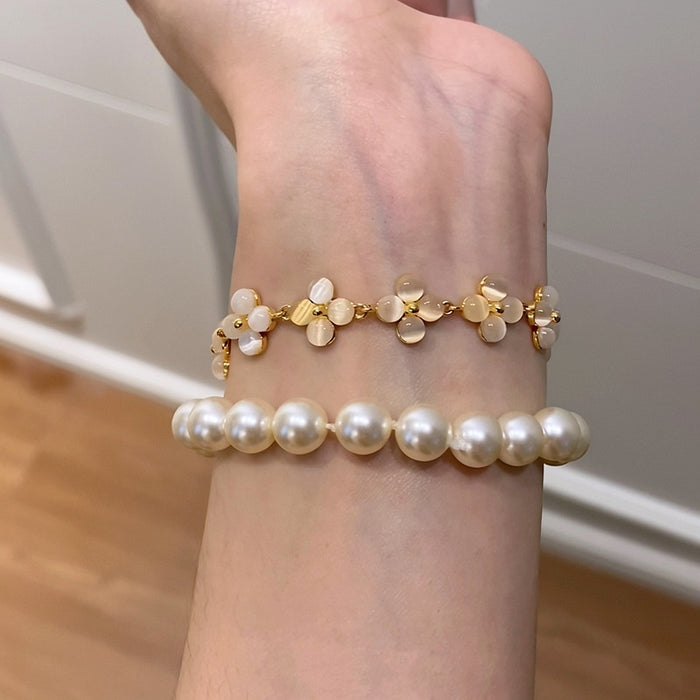 14K Gold Plated Lucky Clover Floral Copper Bangle, French Vintage Ethnic Style, Elegant Women's Jewelry