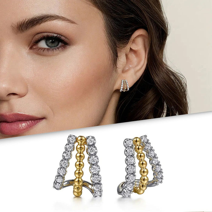 Simple Two Tone Hoop Earrings With Micro Pave Zircon, Trendy Delicate Daily Accessories