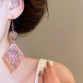 Vintage Ethnic Wood Diamond Print Pendant Drop Earrings With Geometric Rhombus Charm view 3