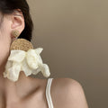Raffia Straw Chiffon Round Pendant Drop Earrings Beach Vacation Style Fabric Ear Jewelry view 4