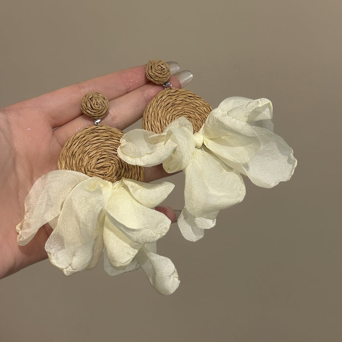 Raffia Straw Chiffon Round Pendant Drop Earrings Beach Vacation Style Fabric Ear Jewelry