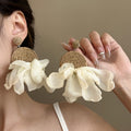 Raffia Straw Chiffon Round Pendant Drop Earrings Beach Vacation Style Fabric Ear Jewelry view 2