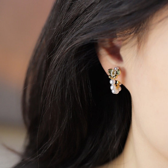 18K Gold Plated Silver Post Zircon Flower Faux Pearl Stud Earrings Sweet Luxury Style