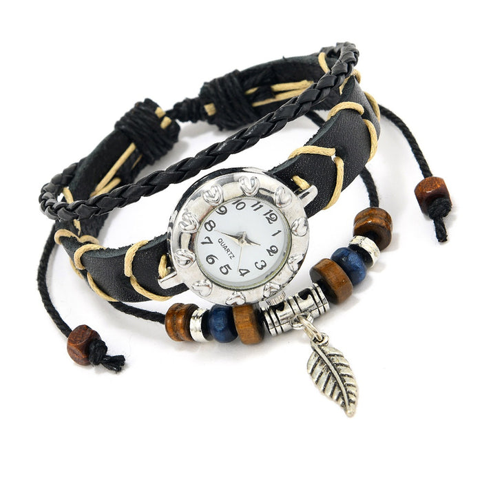 Bohemian Vintage Cowhide Leather Bracelet For Women With Braided Feather Pendant Watch Band