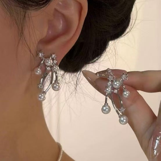 Light Luxury Star Zircon Faux Pearl Pendant Drop Earrings With Silver Posts For Women