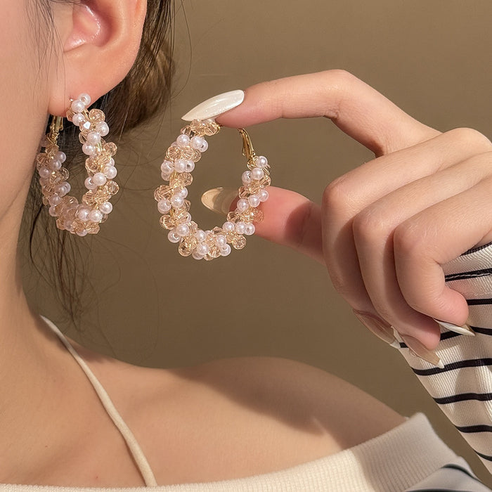 Elegant French Hoop Earrings With Pearl Crystal Beads Gold Alloy Lightweight Luxury Statement Earrings