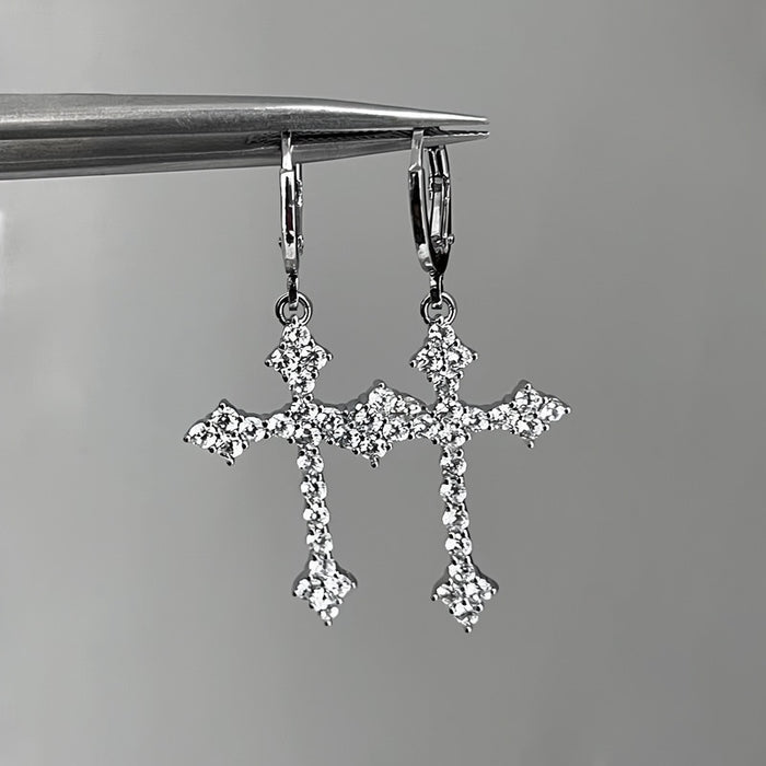 Sparkling Full Rhinestone Cross Long Drop Earrings Copper Light Luxury Minimalist Statement Jewelry