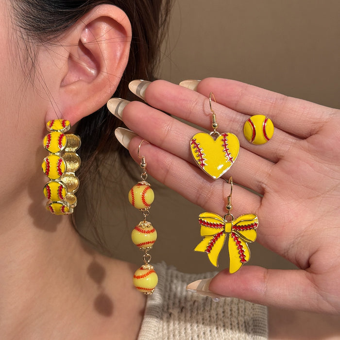Baseball Theme Bow Heart Long Tassel Earrings Red Stripe Creative Fashion Sports Jewelry