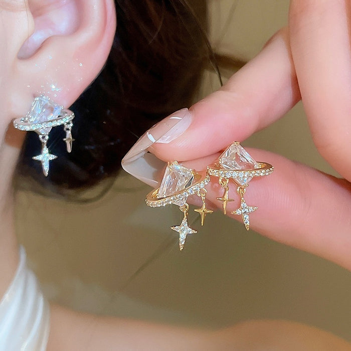 18K Gold Plated Copper Square Starburst Stud Earrings With Silver Posts For Women