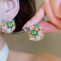 Vintage Alloy Floral Stud Earrings With Pearl Rhinestone Enamel Court Style view 4
